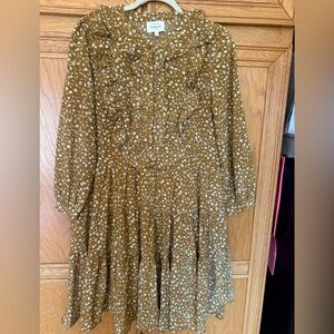 Bohme Floral Print Midi Dress Gold Women’s Size Small Ruffle Front Lined As Is